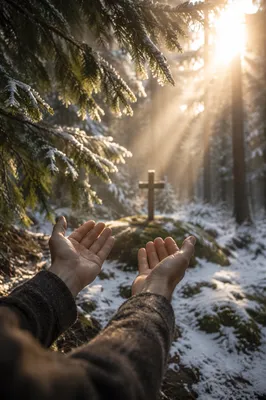 Hands Reaching Toward Golden Forest Light
