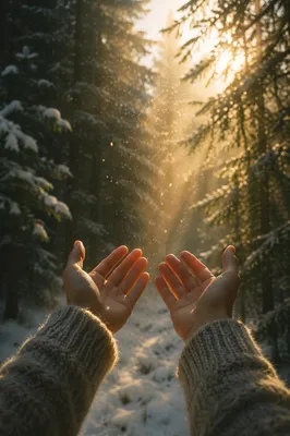 Hands Reaching Toward Light in Evergreen Forest