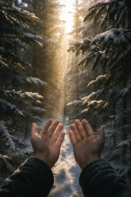 Hands Reaching Toward Golden Forest Light