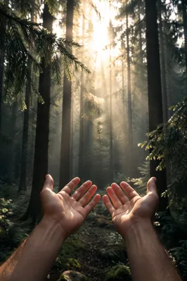 Hands Reaching Toward Golden Forest Light