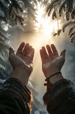 Hands Reaching Toward Golden Forest Light