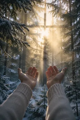 Hands Reaching Toward Light in Evergreen Forest