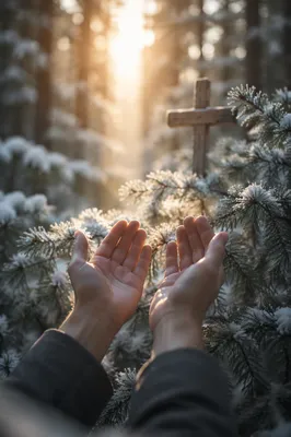 Hands Reaching Toward Winter Forest Light
