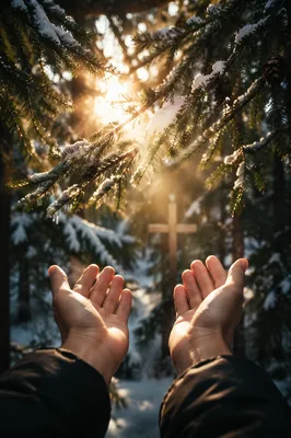 Hands Reaching Toward Light in Evergreen Forest