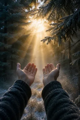 Hands Reaching Toward Golden Forest Light