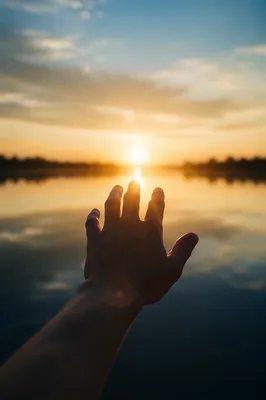 Hand Reaching Toward Golden Horizon Light