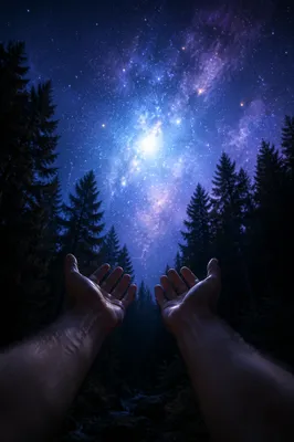 Hands Reaching Toward Celestial Forest Light