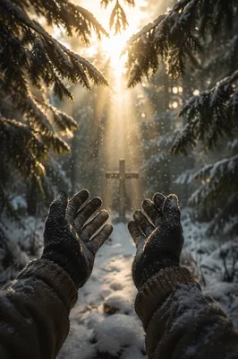 Gloved Hands Reaching Toward Winter Light