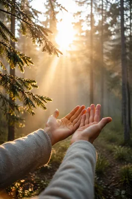 Hands Reaching Toward Golden Forest Light