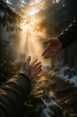 Hands Reaching Toward Forest Light