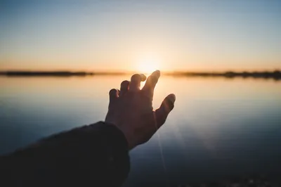 Hand Reaching Toward Sunrise Light