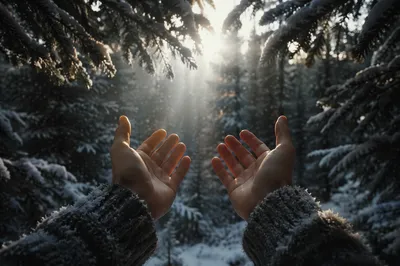 Hands Reaching Toward Winter Forest Light