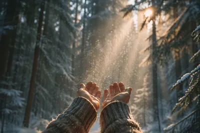 Hands Reaching Toward Golden Forest Light