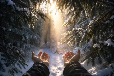 Hands Reaching Toward Winter Forest Light