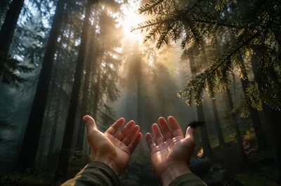 Hands Reaching Toward Forest Morning Light