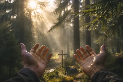 Hands Reaching Toward Forest Morning Light