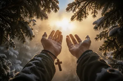 Hands Reaching Toward Golden Forest Light
