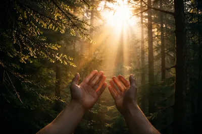 Hands Reaching Toward Light in Evergreens