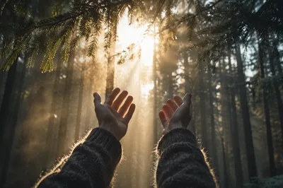 Hands Reaching Toward Morning Forest Light