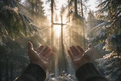 Prayerful Hands Reaching Toward Forest Light