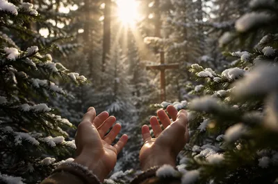 Hands Reaching Toward Winter Forest Light