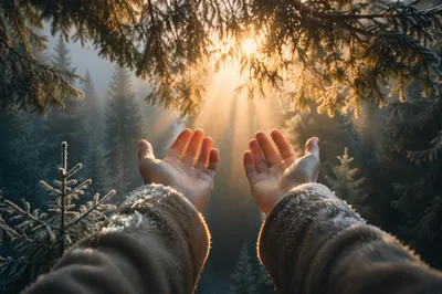 Hands Reaching Toward Forest Dawn Light