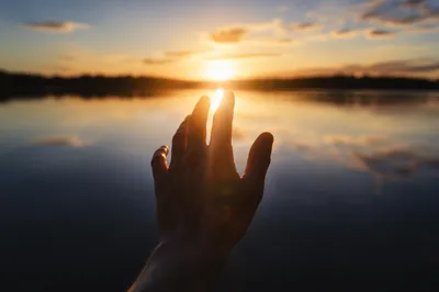 Hand Reaching Toward Light at Sunset