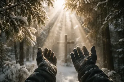 Gloved Hands Reaching Toward Winter Light