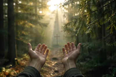 Praying Hands Reaching Toward Forest Light