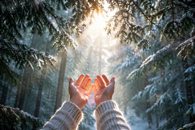 Hands Reaching Toward Morning Forest Light
