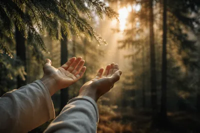 Open Hands Reaching Toward Forest Light