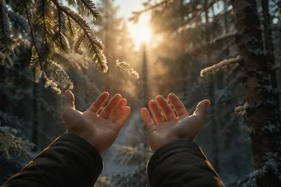 Hands Reaching Toward Golden Forest Light