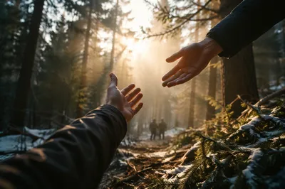 Hands Reaching Toward Forest Morning Light