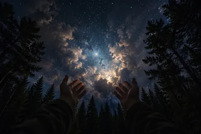 Hands Reaching Toward Heavenly Forest Light