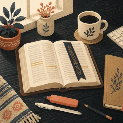 Highlighted Bible Study Desk with Coffee