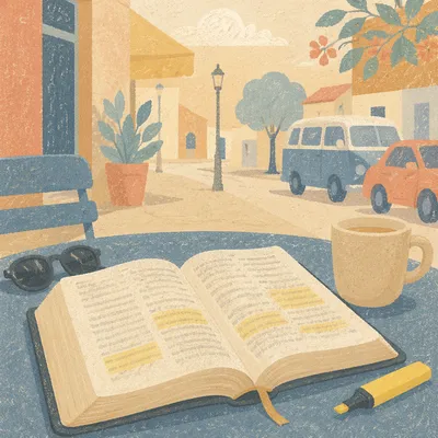 Highlighted Bible Passages on Café Table