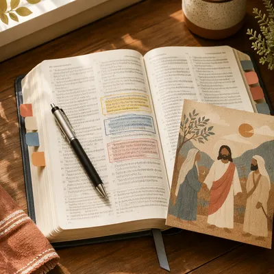 Highlighted Bible Study with Pen and Tabs