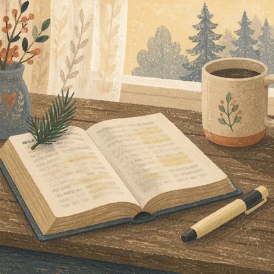 Highlighted Bible with Evergreen Sprig