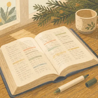 Open Bible with Marker and Evergreen