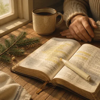 Highlighted Bible Study with Evergreen Sprig