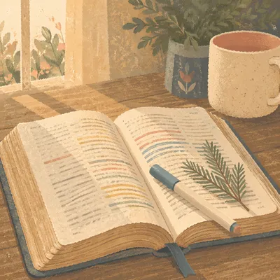 Highlighted Bible with Marker and Evergreen Sprig