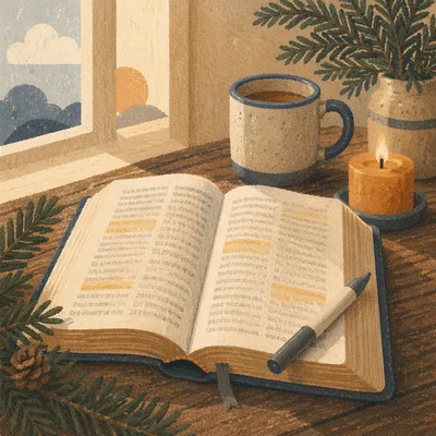 Open Bible with Marker and Evergreen
