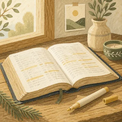 Open Bible with Marker and Evergreen Sprig