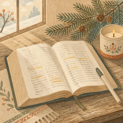 Highlighted Bible with Evergreen Winter Devotion