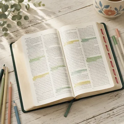 Highlighted Bible Passages on Whitewashed Table