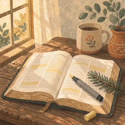 Open Bible with Marker and Evergreen
