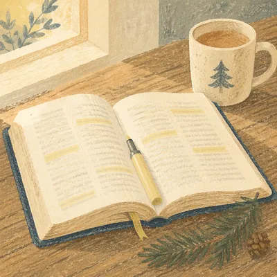 Open Bible with Marker and Evergreen Sprig