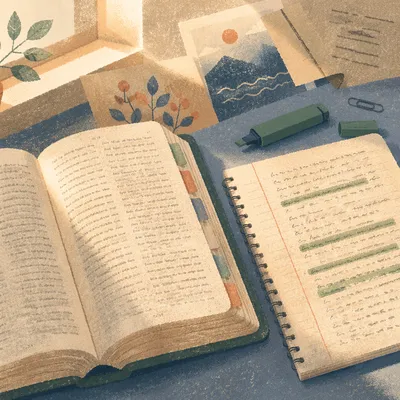 Evergreen Highlighted Bible Passages on Study Desk