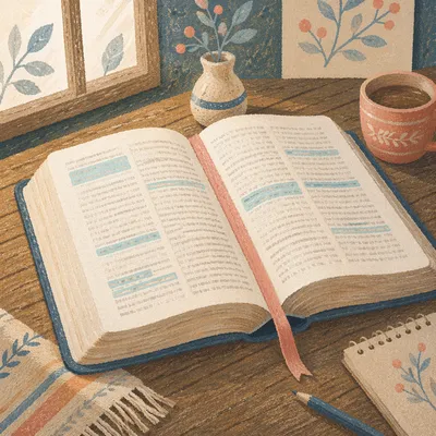 Highlighted Bible Passages on Rustic Table