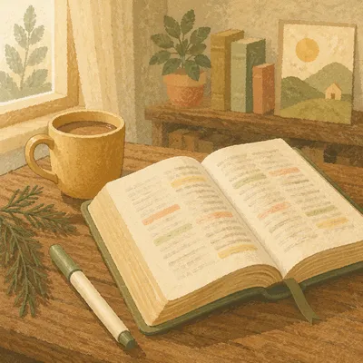 Highlighted Bible Study with Evergreen Sprig